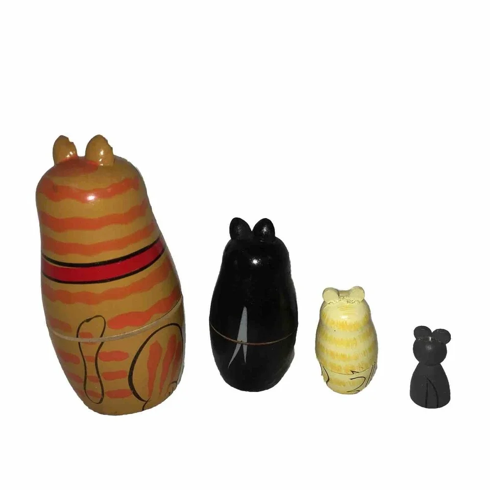 Cats Nesting‎ Dolls Set of 4 Wood Kittens Mouse Russian